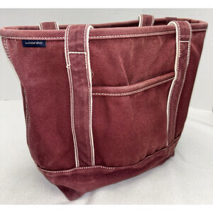 LANDS END Heavyweight Canvas Tote Open Maroon Pockets Inside & Out Key Fob Med